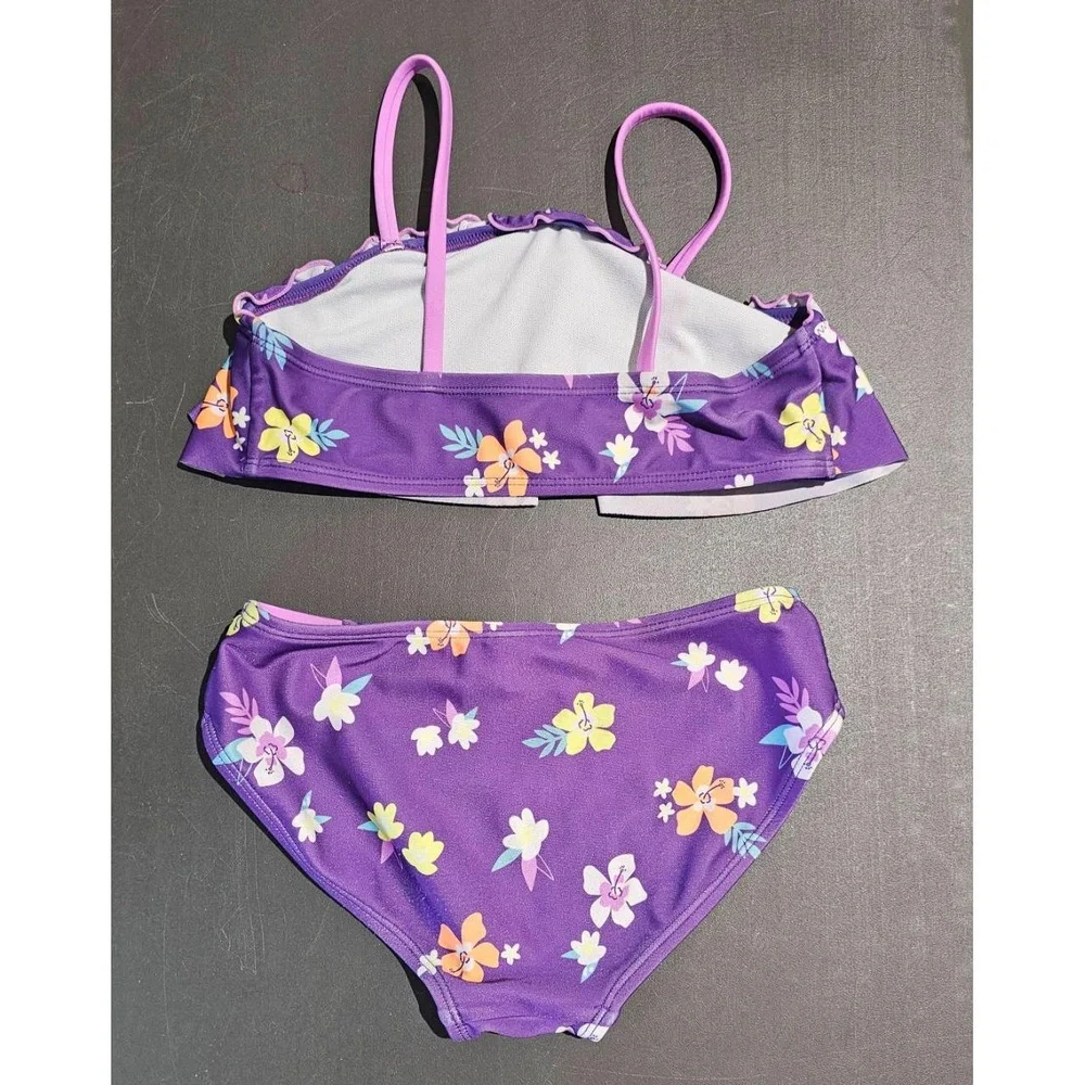 CAT & JACK Girls Purple Floral Bikini Size M (8) Ruffle Off-Shoulder‎ Sleeveless